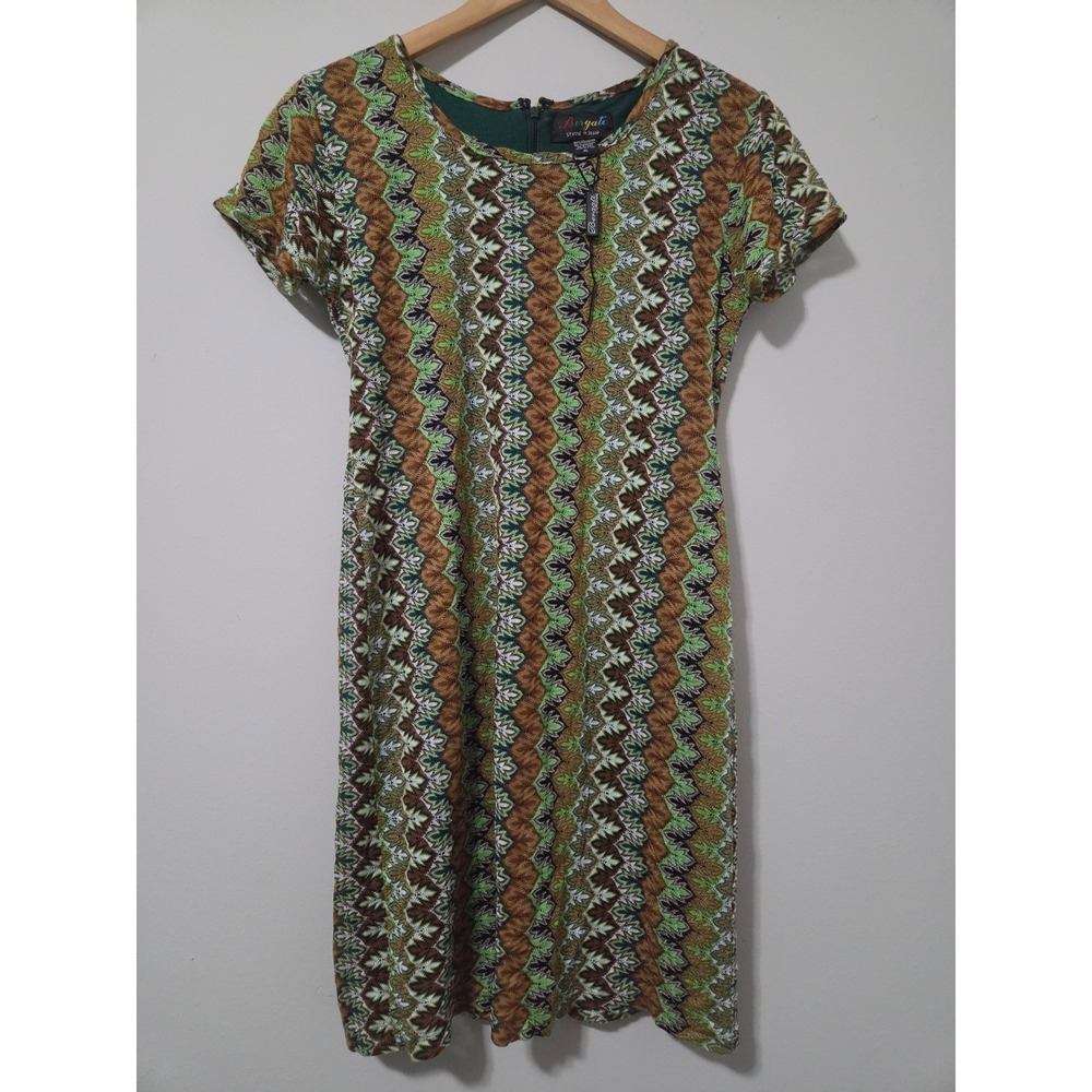 Bergati Women XL Green Brown Geometric Chevron Knit Short Sleeve Shift Dress NWT